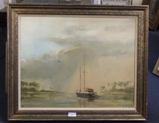 Richard Ewen, oil on canvas, Schooner at anchor, signed and dated 78 60 x 75cm